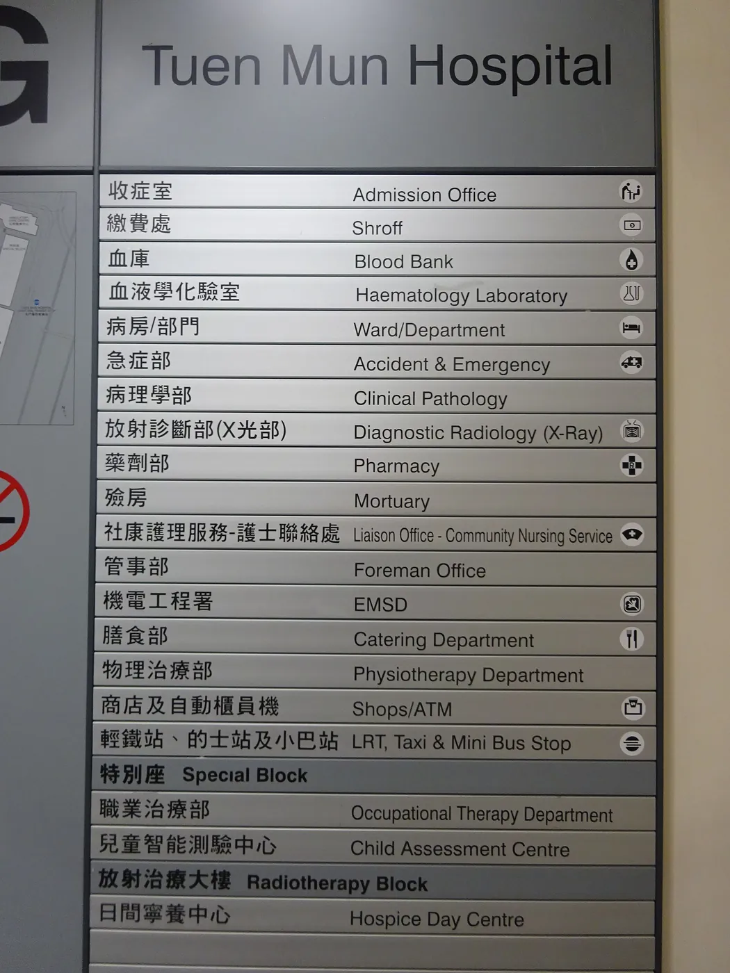A hospital directory lists departments on a fabricated wall sign.